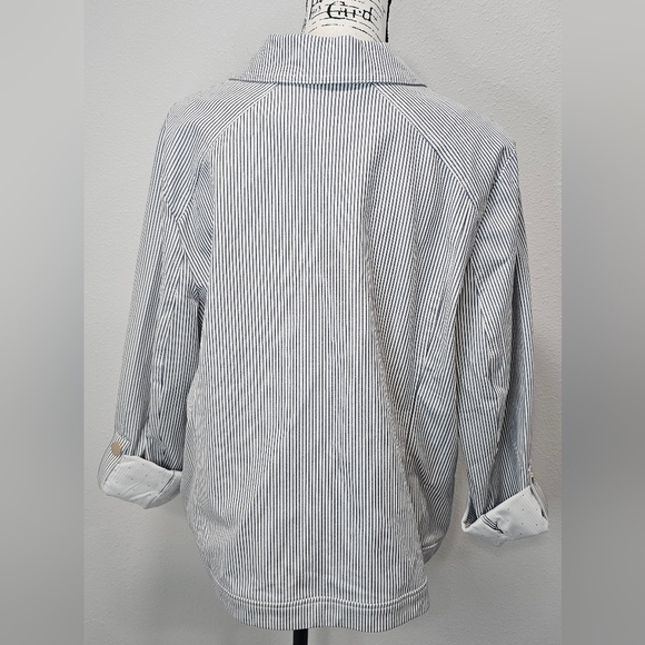 Chico’s Blue & White Striped Indigo Snap Front Jacket Roll Tab Sleeves, SZ 3 NWT - Picture 6 of 16